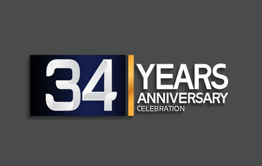 34 years anniversary logotype with blue and silver color with golden line for celebration moment