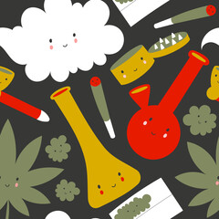 Seamless pattern with cute kawaii cannabis leaves and tools for smoking marijuana on green background.