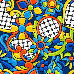 Mexican talavera seamless pattern. Decorative background with ornamental flowers. Background with mexican talavera pattern. Decoration with ornamental flowers.