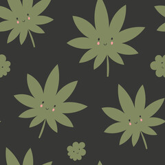 Fototapeta na wymiar Seamless pattern with cute kawaii cannabis leaves and buds on green background.