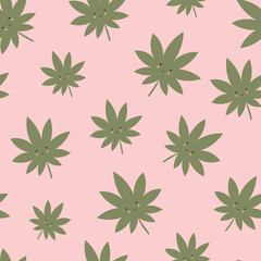 Seamless pattern with cute kawaii cannabis leaves on pink background.
