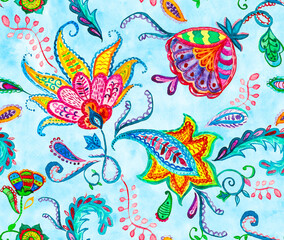 Paisley watercolor floral pattern tile: flowers, flores, tulips, leaves. Oriental indian traditional hand painted water color whimsical seamless print, ceramic design. Abstract india batik background