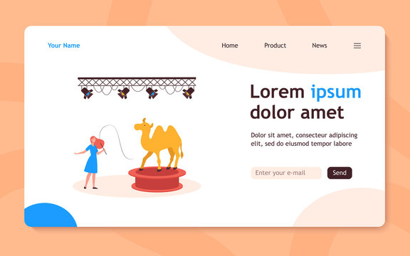 Happy animal trainer performing with camel on stage. Violence, knout, arena flat vector illustration. Circus and entertainment concept for banner, website design or landing web page