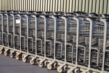Shopping carts in a row outside a store