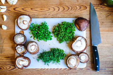 Fresh shitake mushroom on table, prepering shitake mushroom in a kitchen
