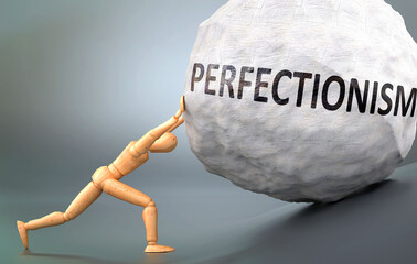 Perfectionism and painful human condition, pictured as a wooden human figure pushing heavy weight to show how hard it can be to deal with Perfectionism in human life, 3d illustration