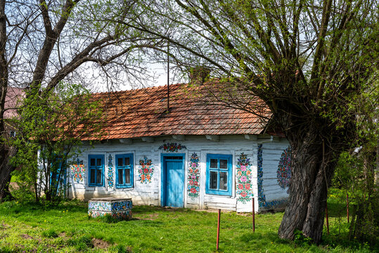 ZALIPIE,POLAND - MAY 4, 2021: Colorful Village Zalipie - heritage park with colorful houses with traditional floral motive painted on houses