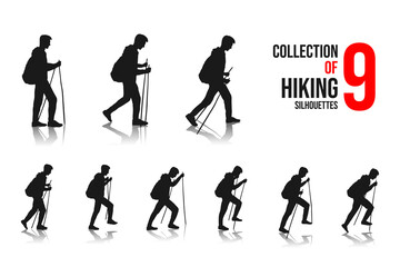 Vector illustration. Travel concept of discovering, exploring and observing nature. Hiking. Adventure tourism. The guy walks with a backpack and travel walking sticks. Design element for web template