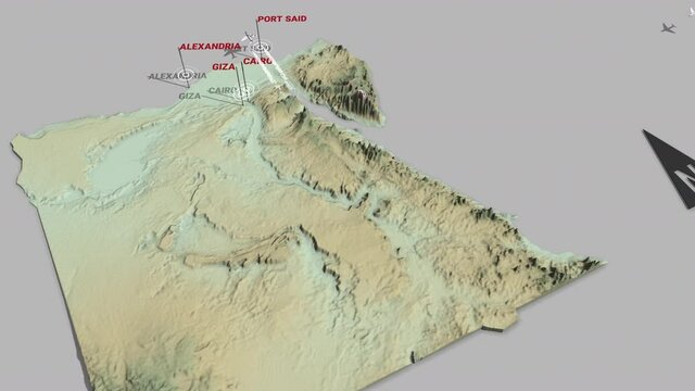 Seamless looping animation of the 3d terrain map of Egypt with the capital and the biggest cites in 4K resolution