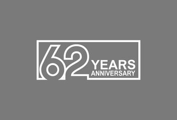 62 years anniversary logotype with white color outline in square isolated on grey background. vector can be use for company celebration purpose