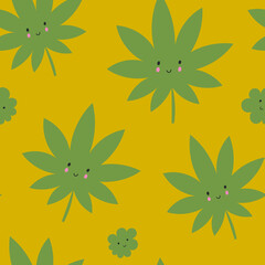 Seamless vector pattern with cute kawaii cannabis leaves and buds on yellow background.
