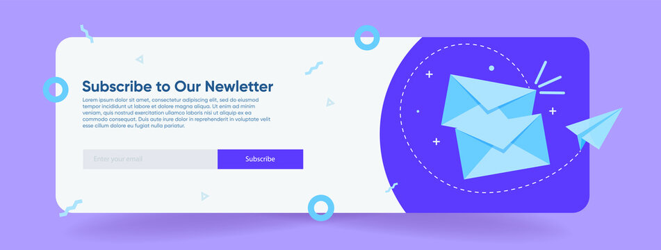 Email subscription, an online mailing list template with a mailbox and a send button for a block of sections of bright blue, purple sites