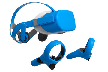 Virtual reality glasses and controllers for online gaming on white background