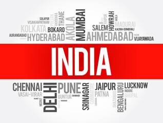 List of cities in India word cloud collage, business and travel concept background