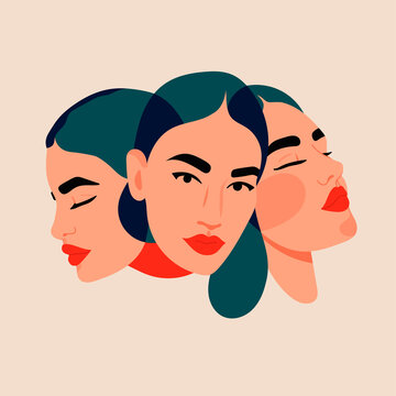 Three faces, one person. Three different personalities of one woman. Split Personality, bipolar disorder, mood, various emotions, mind Mental, psycho therapy concept. Abstract Vector illustration 