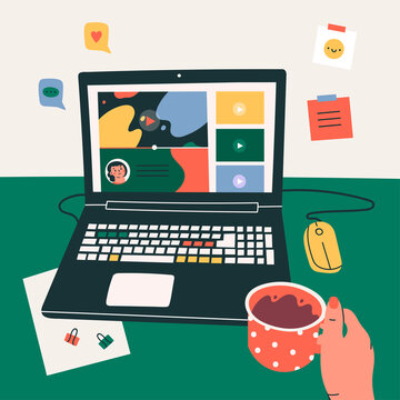 Workplace, working desk. Hand with cup. Point of view on Laptop screen. Virtual chat, online video-sharing platform. Web Entertainment concept. Hand drawn Vector illustration