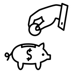 Saving deposits, business insurance, strategy and planning of the economy. Vector icon, isolated, Outline - hand holds a coin over a piggy bank.