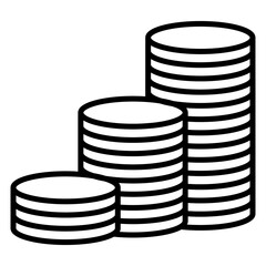 Three stacks of coins. Increased profits, accumulation of wealth, cash reception, place of payment. Vector icon, isolated, Outline.