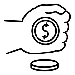 Power and power of money. The concept of the benefits of rich people. Fist with a clad dollar over a coin. Vector icon, isolated, Outline.
