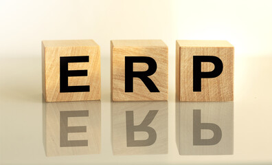 The inscription ERP on wooden cubes isolated on a light background, the concept of business and finance.