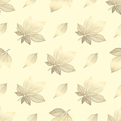 Gold flowers pattern. Seamless pattern with golden chestnut leaves on a beige background. Vector graphics.