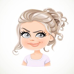 Beautiful suspicious pearl blond girl with long wavy hair bunched portrait isolated on white background