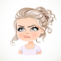 Beautiful offended cartoon blonde girl with magnificent curly hair portrait isolated on white background