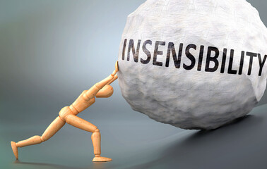 Insensibility and painful human condition, pictured as a wooden human figure pushing heavy weight to show how hard it can be to deal with Insensibility in human life, 3d illustration