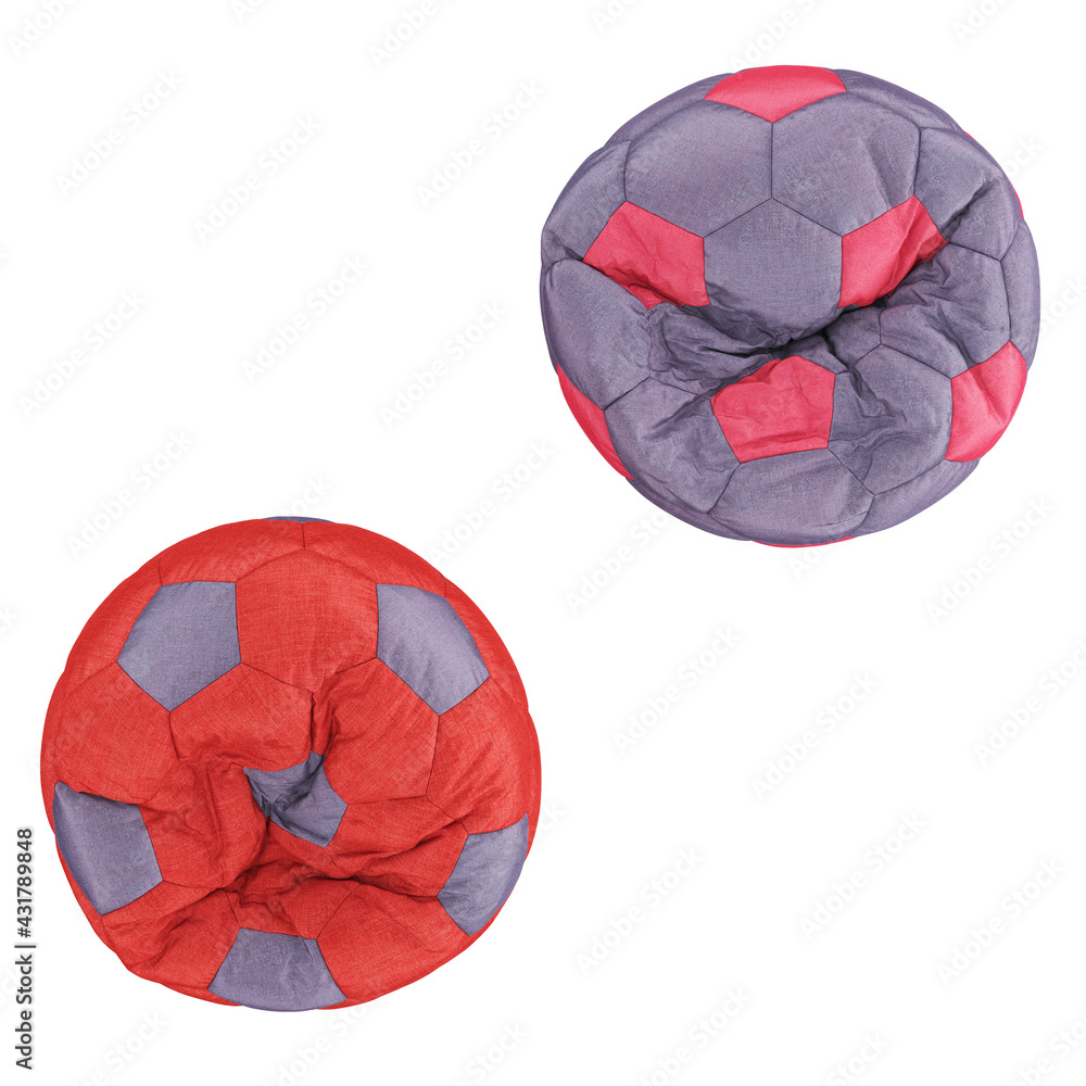 Poster two colored soft armchairs in the form of a soccer ball on a white background. top view. 3d renderin