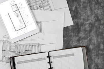 Architectural custom remodeling on kitchen project makes to the kitchen for design blueprint drawing