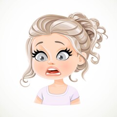 Beautiful cartoon pearl blond girl with long wavy hair bunched fear emotion portrait isolated on white background