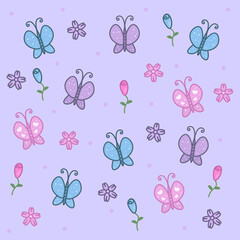 Cute pattern with butterflies and flowers on a purple background.
