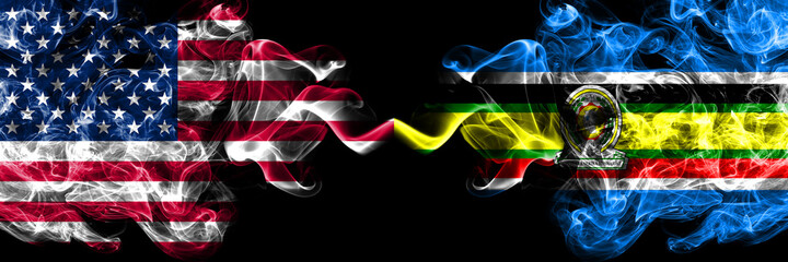 United States of America, America, US, USA, American vs East African Community, Africa smoky mystic flags placed side by side. Thick colored silky abstract smoke flags.