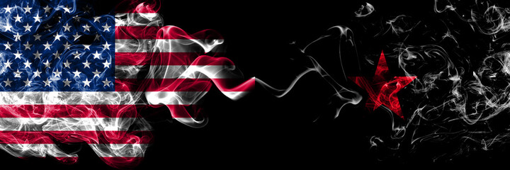 United States of America, America, US, USA, American vs EZLN and the Neozapatista ideology smoky mystic flags placed side by side. Thick colored silky abstract smoke flags.