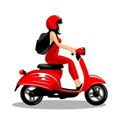 Fototapeta na wymiar Girl on a red scooter with a backpack on a white background in vector EPS8