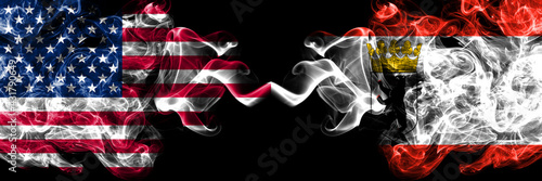 United States of America, America, US, USA, American vs Germany, Berlin, state smoky mystic flags placed side by side. Thick colored silky abstract smoke flags.