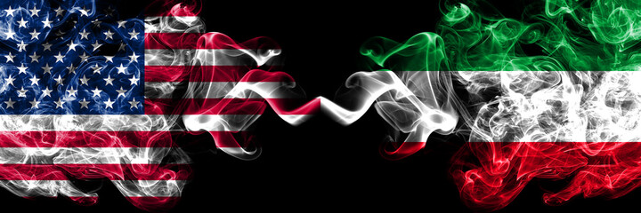 United States of America, America, US, USA, American vs Germany, North, Rhine, Westphalia smoky mystic flags placed side by side. Thick colored silky abstract smoke flags.