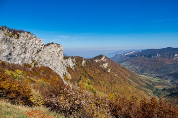 Obraz premium French countryside. Col de la Bataille: view of the heights of the Vercors, the marly hills and the valley Val de Drome