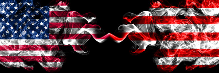 United States of America, America, US, USA, American vs Indonesia, Indonesian, Naval Jack smoky mystic flags placed side by side. Thick colored silky abstract smoke flags.