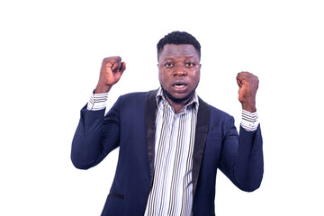 young businessman showing winning gesture.