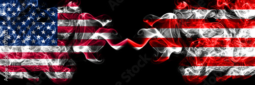 United States of America, America, US, USA, American vs Indonesia, Indonesian, Naval Jack smoky mystic flags placed side by side. Thick colored silky abstract smoke flags.
