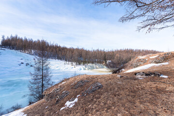 Frozen bed of the Irkut River in early spring. Republic of Buryatia, Russia, Siberia