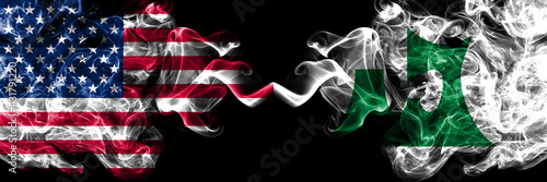 United States of America, America, US, USA, American vs Japan, Japanese, Aomori Prefecture smoky mystic flags placed side by side. Thick colored silky abstract smoke flags.
