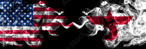 United States of America, America, US, USA, American vs Japan, Japanese, Chitose, Hokkaido, Ishikari, Subprefecture smoky mystic flags placed side by side. Thick colored silky abstract smoke flags.