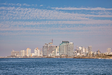 Skyscrapers on the waterfront on a sunny day in Tel Aviv
