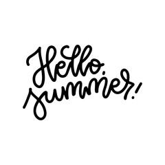 Hello Summer linear creative typography. Digital lettering balck on white poster. Vector line hand drawn design.