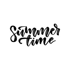 Summer time - Hand drawn lettering card. Vector black and white art. Vacation phrase. Ink hand drawn illustration. Modern brush calligraphy. Isolated on white background.