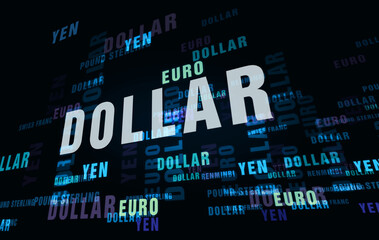 Currency Dollar, Euro and Yen text abstract concept illustration