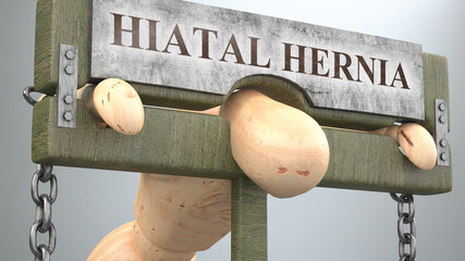 Hiatal hernia that affect and destroy human life - symbolized by a figure in pillory to show Hiatal hernia's effect and how bad, limiting and negative impact it has, 3d illustration - obrazy, fototapety, plakaty