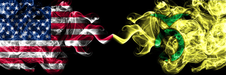 United States of America, America, US, USA, American vs Japan, Japanese, Kamishihoro, Hokkaido, Tokachi, Subprefecture smoky mystic flags placed side by side. Thick colored silky abstract smoke flags.